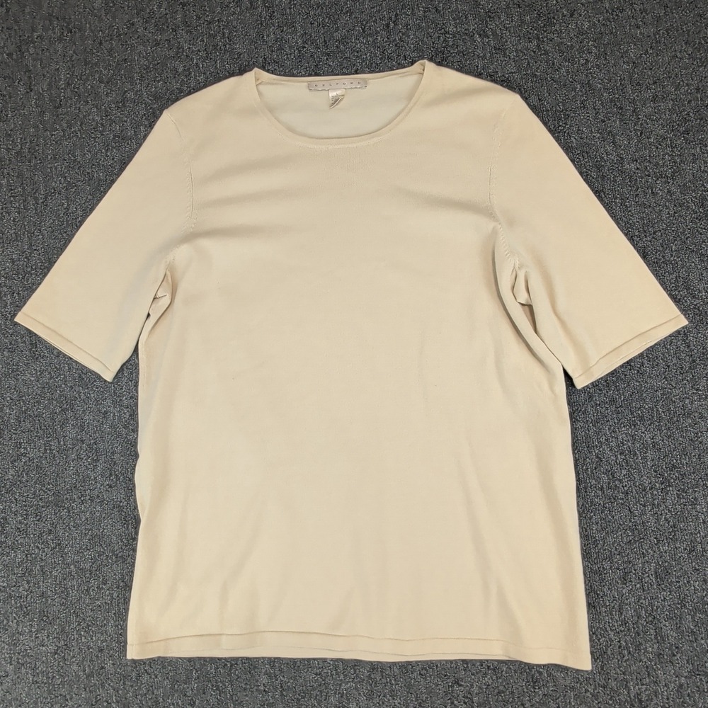 Belford Quiet Luxury Knit Top Women Large Cream Pima Cotton Short Sleeve Sweater